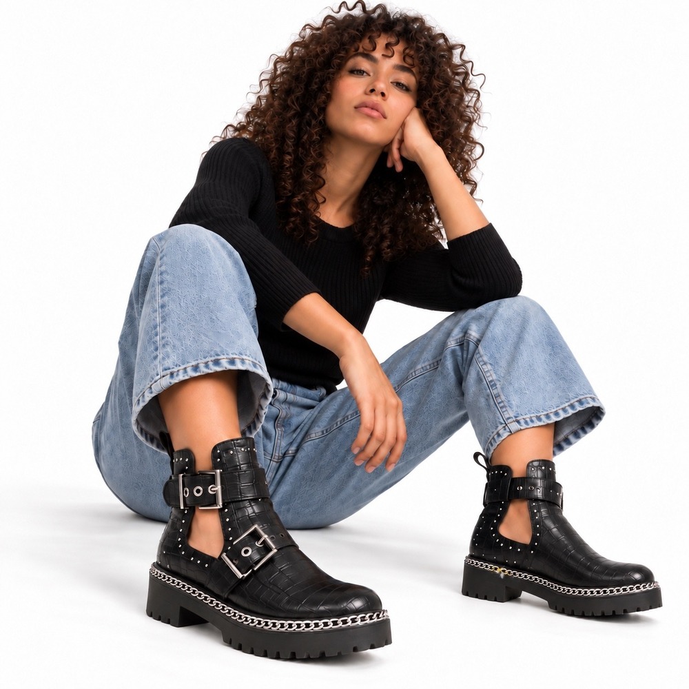Truffle Collection Womens Black Faux Croc Cutout Ankle Boots Size 8 Grunge Y2K